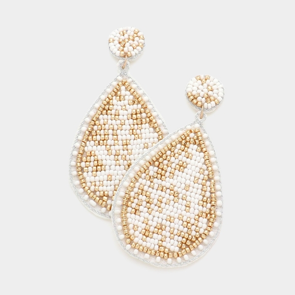 White and Gold Stylish Beaded Teardrop Dangle Earrings - Picture 2 of 2
